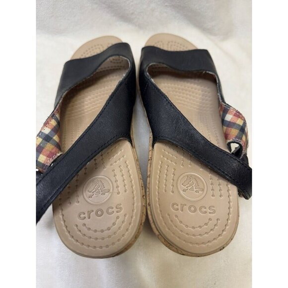 CROCS A-Leigh Black Leather Slingback Strap Cork Wedge Sandals Size 10 - Picture 5 of 12
